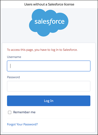 Viser en Salesforce-loginside for brugere uden en licens