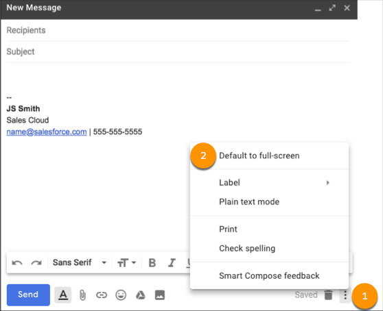Fuldskærmsoprettelsestilstand i Gmail med indstillinger fremhævet.