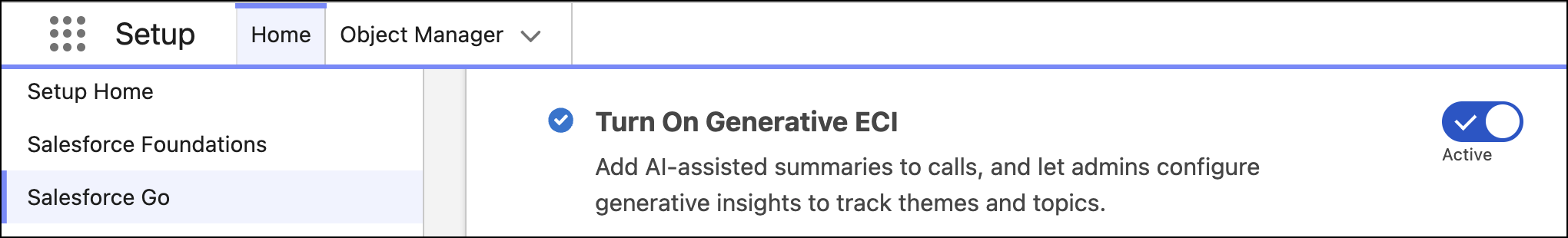 Turn On Generative ECI setting in Salesforce Go