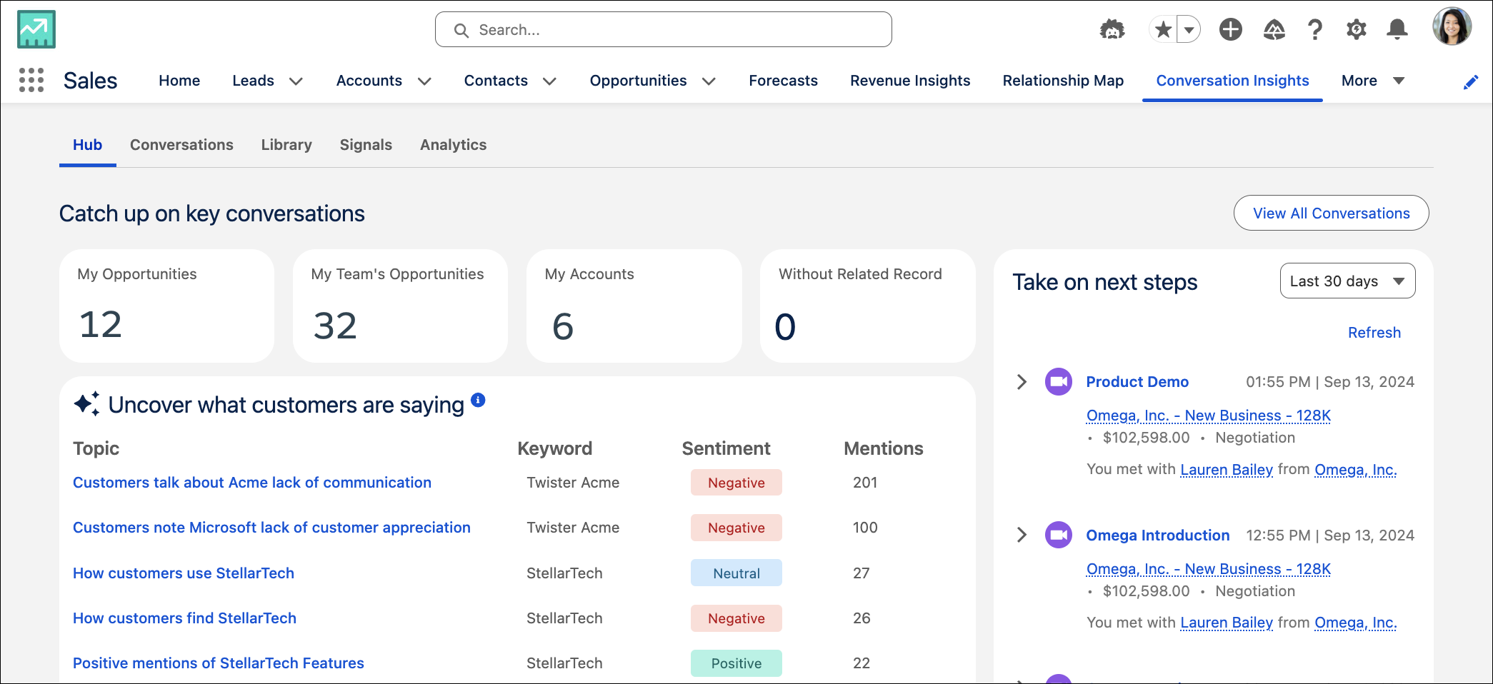 Hub tab in Conversation Insights app
