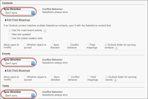Sync directions for contacts, events, and tasks
