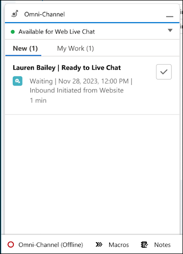 Omni-Channel widget with customer's name, team member's name, live chat status, and date