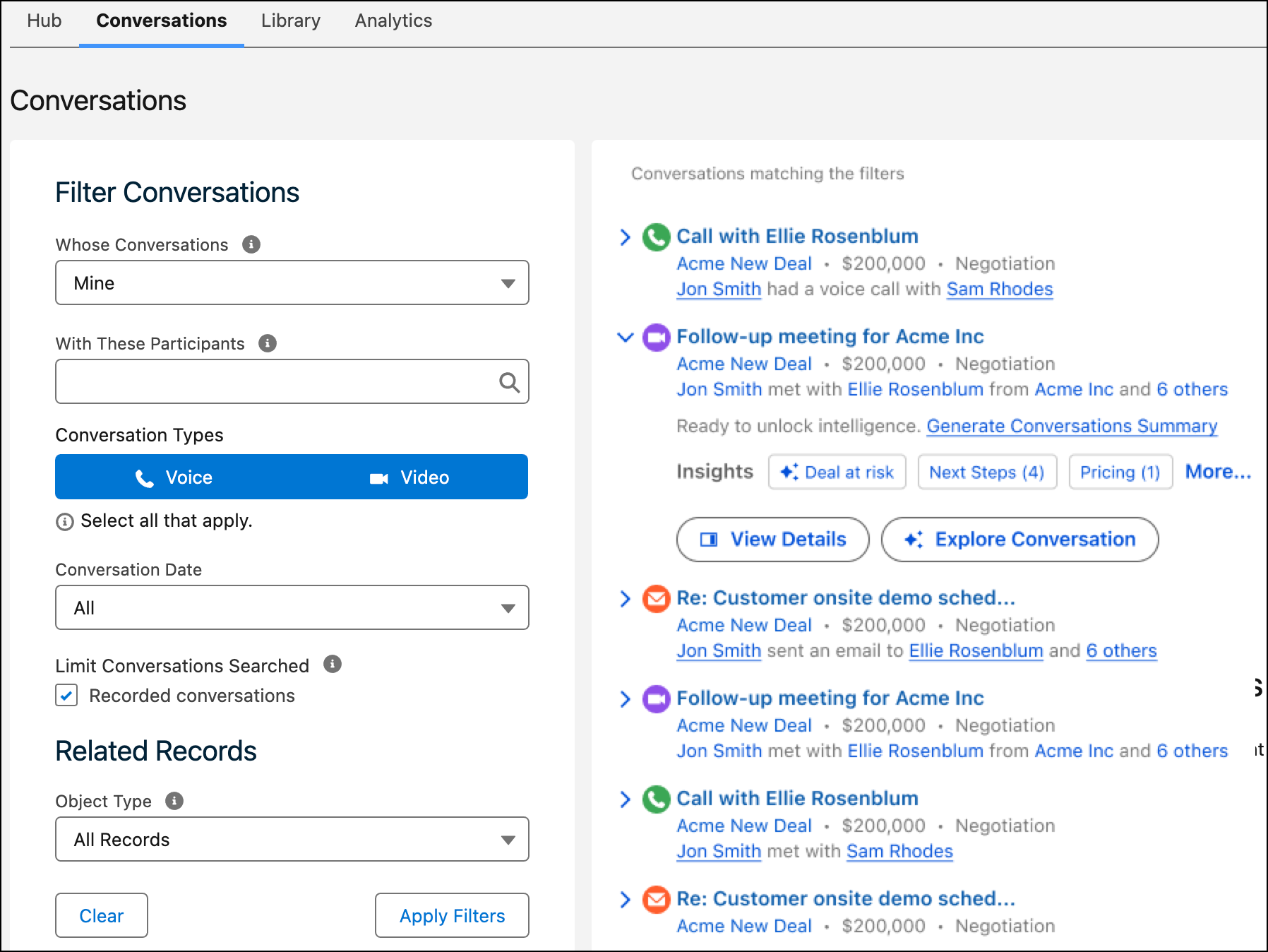 Filter Conversations panel and results on the Conversation tab