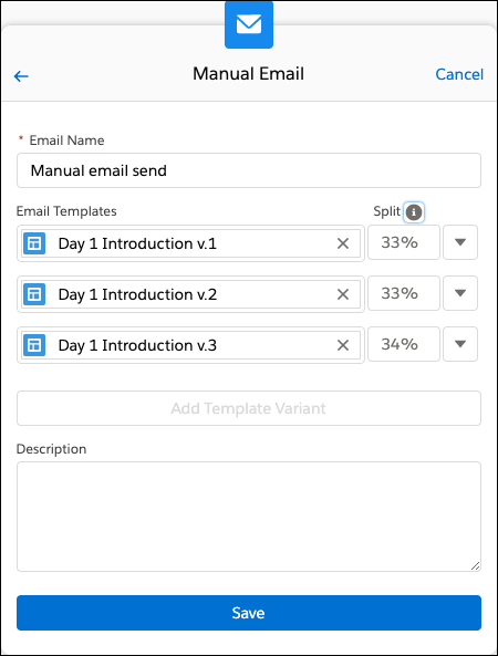 An email step with three template variants.