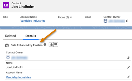 Contact record details with Data Enhanced by Einstein text highlighted