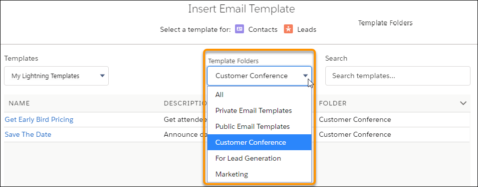 Choosing folders for an email template