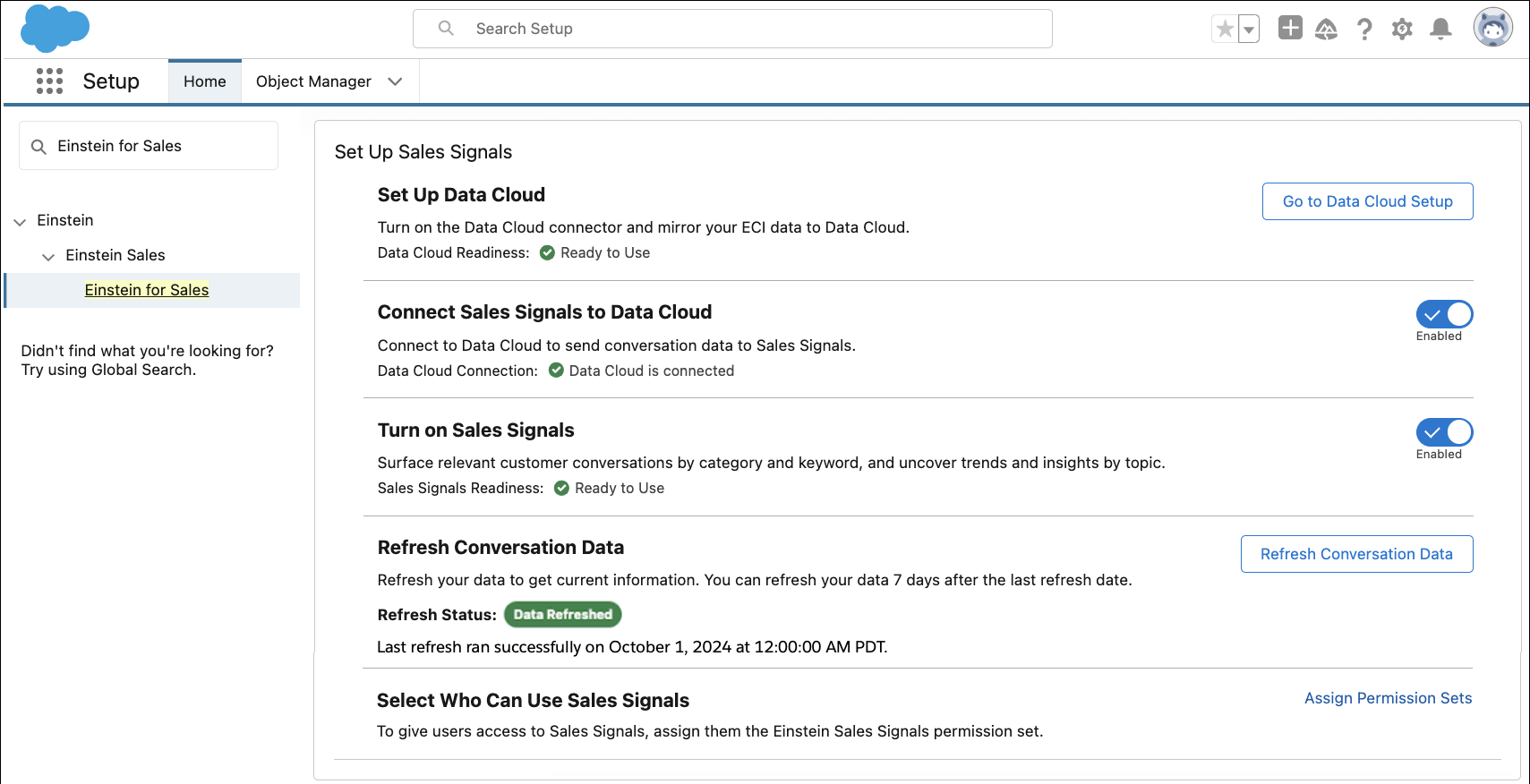 Señales de ventas en la página Configuración de Einstein for Sales