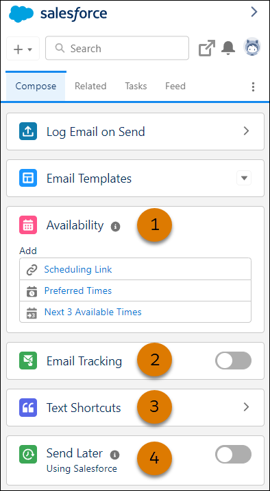 Funciones en la ficha Redactar resaltadas incluyendo disponibilidad, seguimiento de email, accesos directos de texto y envío posterior.