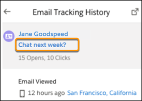 Historial de seguimiento de email con un asunto de email resaltado.