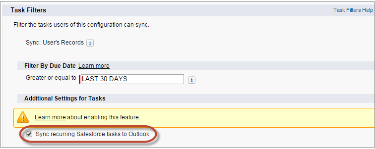 Establecer tareas recurrentes de Salesforce para sincronizar con Microsoft Outlook