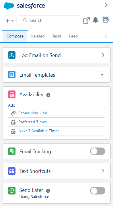 Tutti gli strumenti di produttività Inbox nella scheda Componi dell'integrazione.