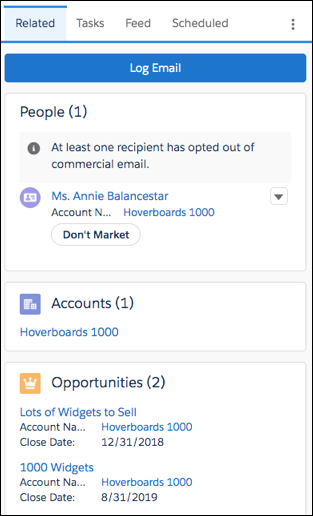 Scheda correlata all'integrazione con pulsante Registra email e record Salesforce corrispondenti.
