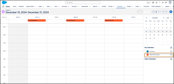 Agenda op basis van object Opportunity en sluitingsdatumveld, met sluitingsdatums van opportunities bovenaan weergegeven