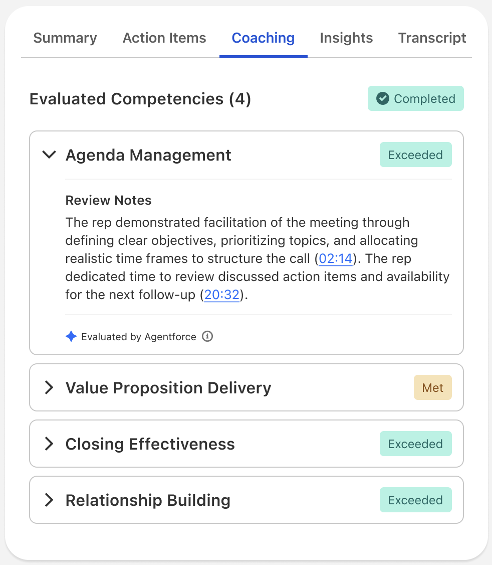 Call Coaching tab on video record
