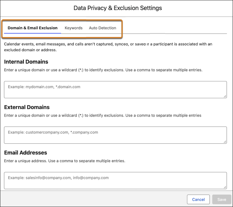 Use the tabs to navigate between the different types of exclusions.