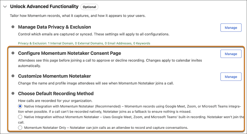 Notetaker settings under the Advanced Functionality section.