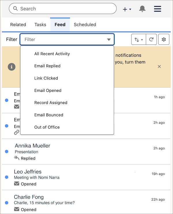 The feed with filters in the Salesforce Chrome extension.