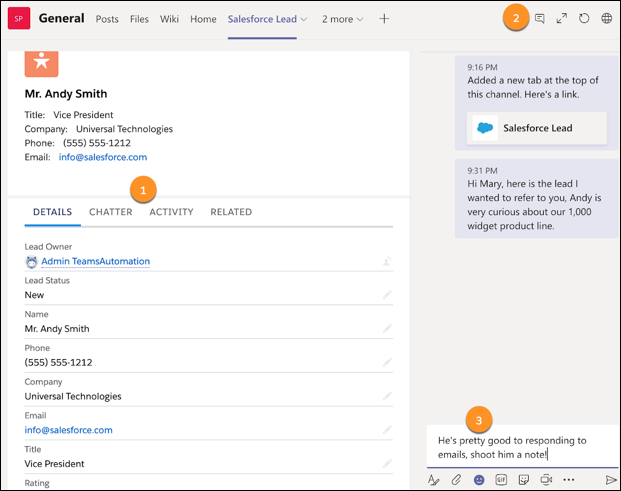 Detalles de registro mostrados en una ficha en un canal de Microsoft Teams.