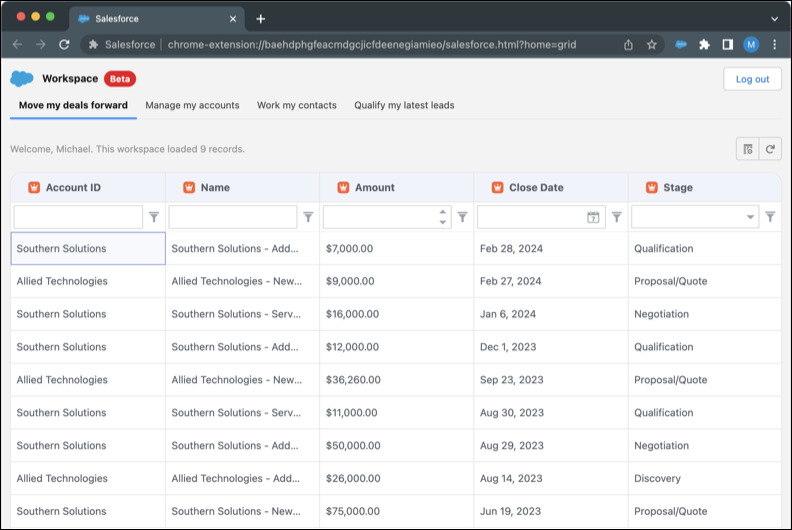 Area di lavoro disponibile dall'estensione Salesforce Chrome.