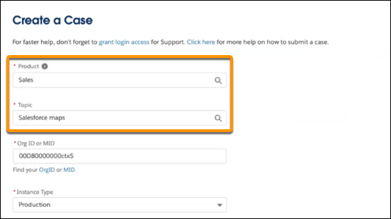 Product and topic selections for Salesforce Maps