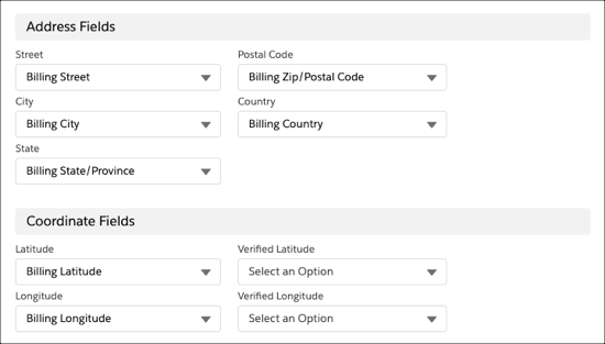 Address and coordinates based on account billing addresses