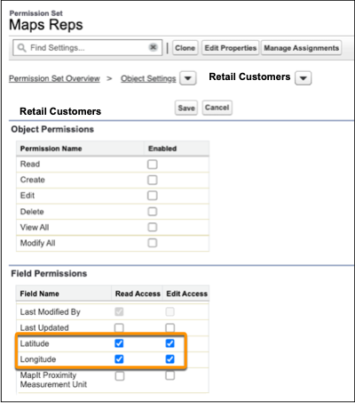 Seleccione leer y modificar para los permisos de Objetos base de Maps.