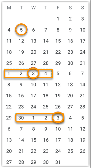 Calendario de 60 días con tres días señalados con círculos y dos plazos de visita señalados con rectángulos
