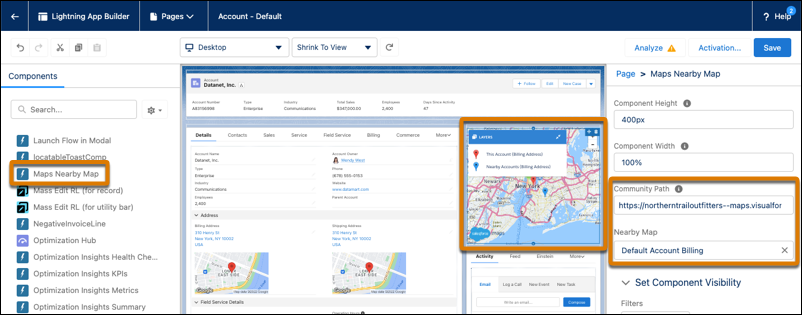 取引先ページレイアウトの [Maps Nearby Map (Maps 周辺地図)] コンポーネント