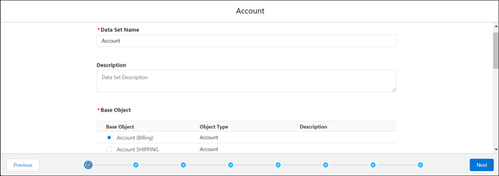 De pagina voor de gegevenssetwizard toont de accountnaam en het geselecteerde basisobject.