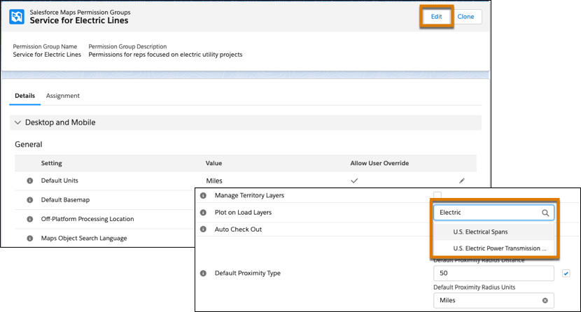Salesforce Maps 設定,顯示權限群組的「載入圖層」編輯選項