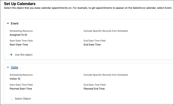 Set Up Calendars page showing Event object selected.