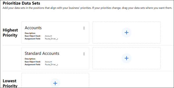Prioritize Data Sets page showing the Accounts dataset as higher priority than the Standard Accounts dataset.