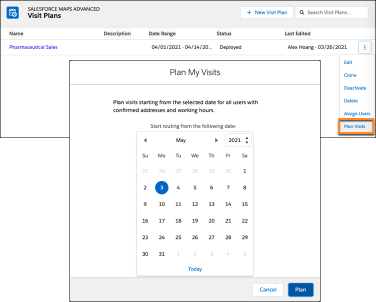 Visit Plans page shown with Plan Visits selected on a visit plan.