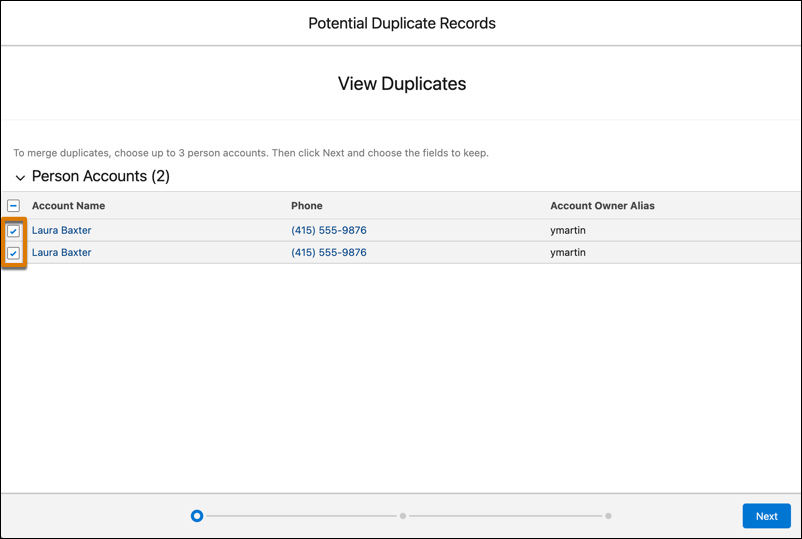 Duplicate records, with accounts available to merge