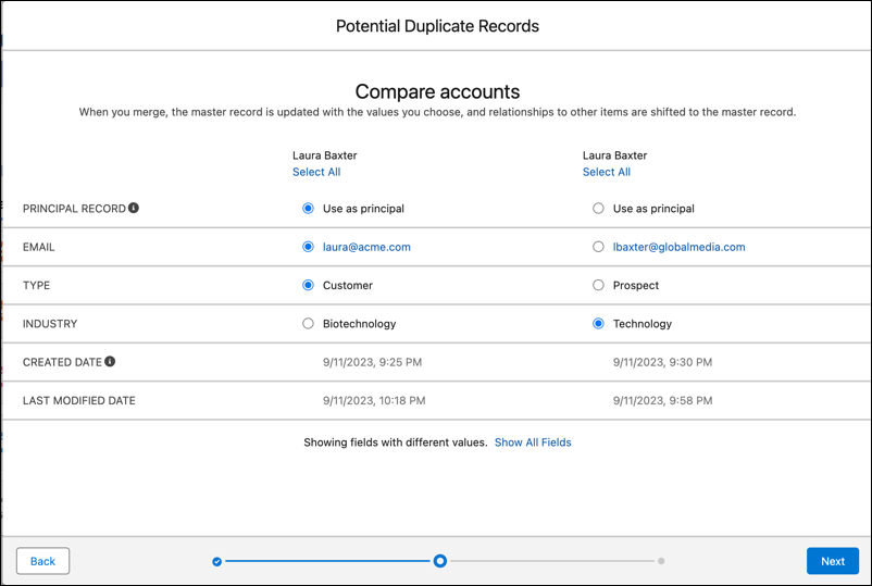 Three potential duplicate accounts, with option to choose field values from each