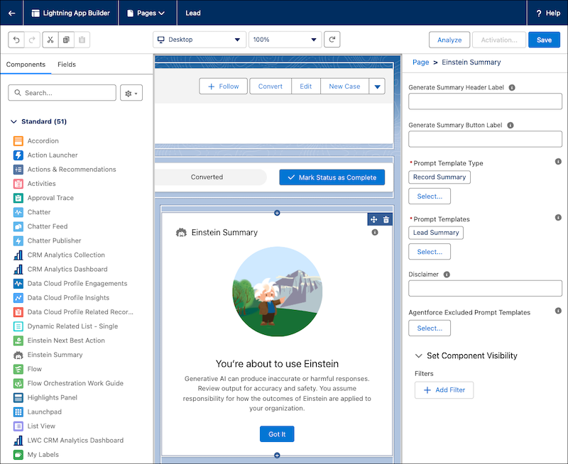 A lead record page layout with the Einstein Summary component added to it in Lightning App Builder