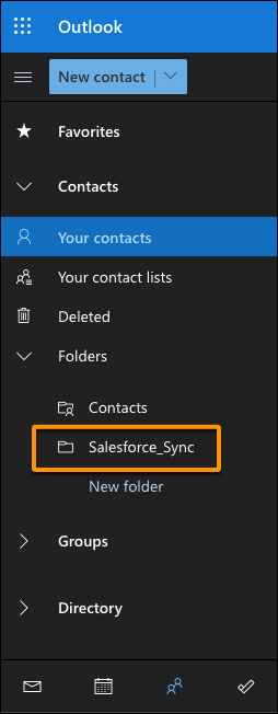Zeigt an, dass der Ordner Salesforce_Sync unter dem Verzeichnis "Kontakte" in Outlook/Exchange verschachtelt sein muss.