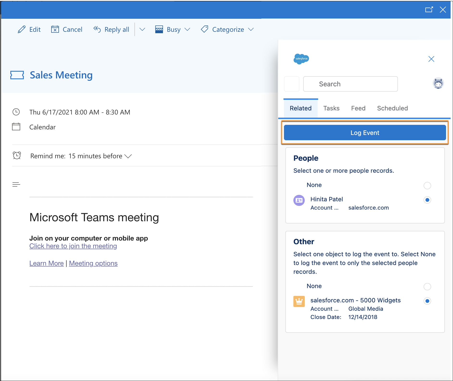 Schaltfläche 'Ereignis protokollieren' im seitlichen Bereich der Outlook-Integration