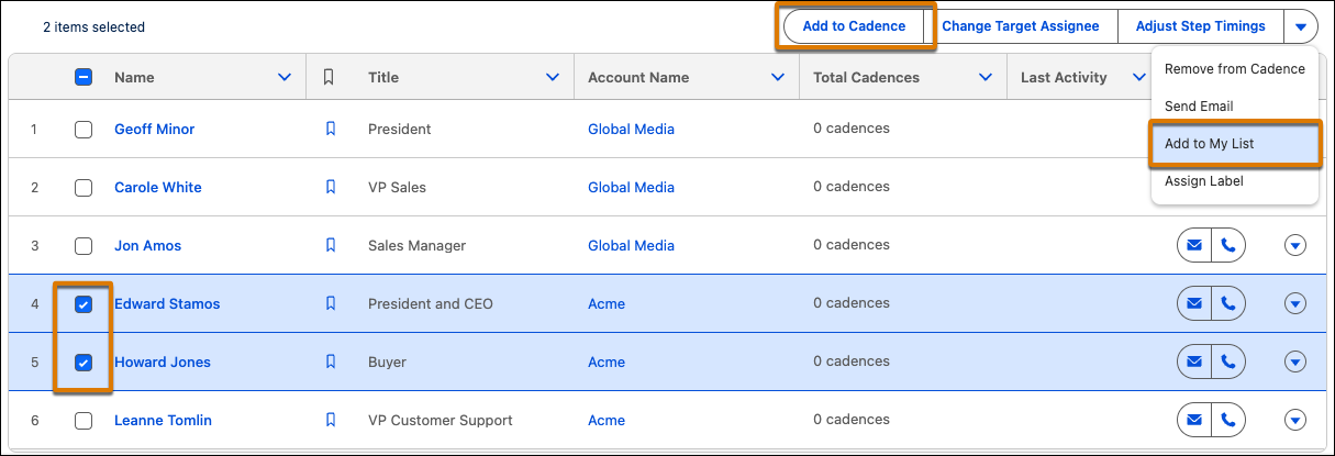 List view with Add to Cadence and Add to My List options highlighted