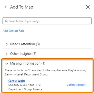 Relationship map side panel with Missing Information highlighted