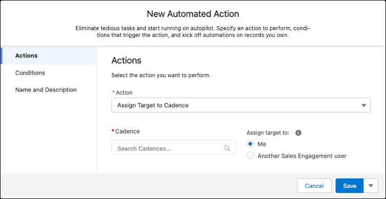 The automated action creation screen.