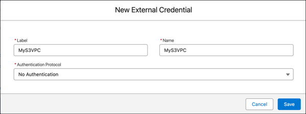 New external credentials screen showing entered connection name and label, and the no authentication option selected.