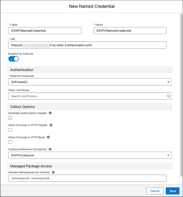New Named Credentials screen showing entered connection name and label, URL, and external credentials and outbound network connection values selected.