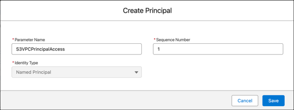 New principal screen showing entered parameter name, sequence, and the named principal option selected.