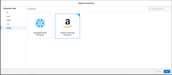 The Select Connecter screen showing the Amazon S3 Private Connector.