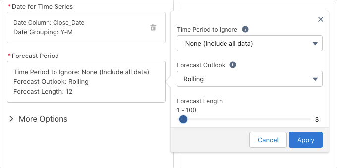 Time series setup panel showing forecast period fields.