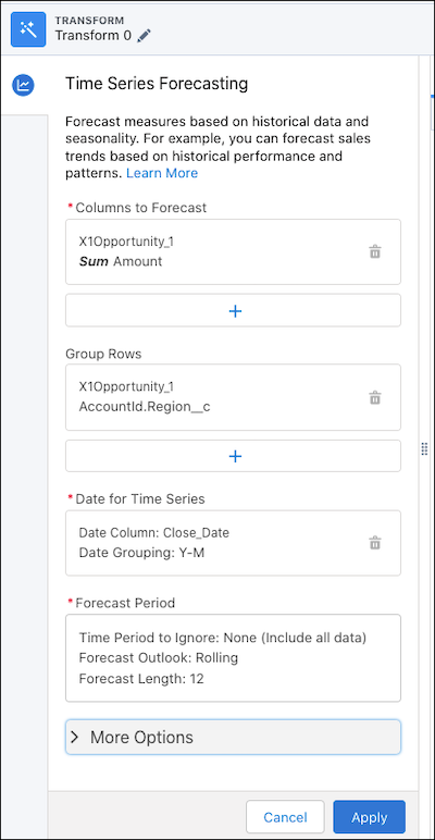 The Time Series Forecasting panel shows all the options that you can set up to forecast measures.