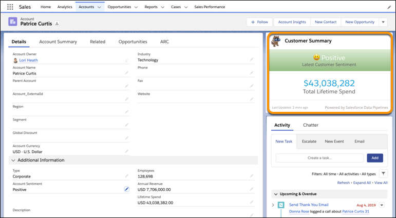 The Lightning component in the Account details page shows lifetime spend andsentiment for the account.