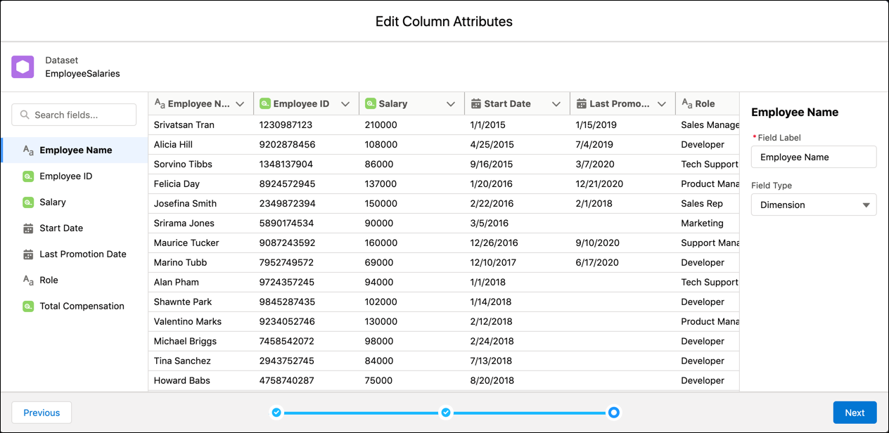 The Edit Attributes Column previews sample rows of data and allows you to change column attributes.