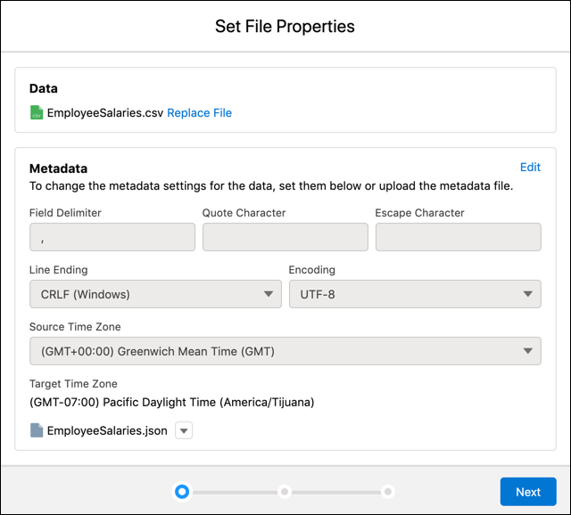 The Set File Properties page allows you to change the metadata for the CSV file and upload a new metadata JSON.